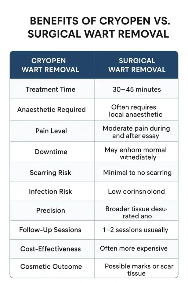 Table showing the benefits of cryopen to remove warts Hassocks compared to surgical treatment